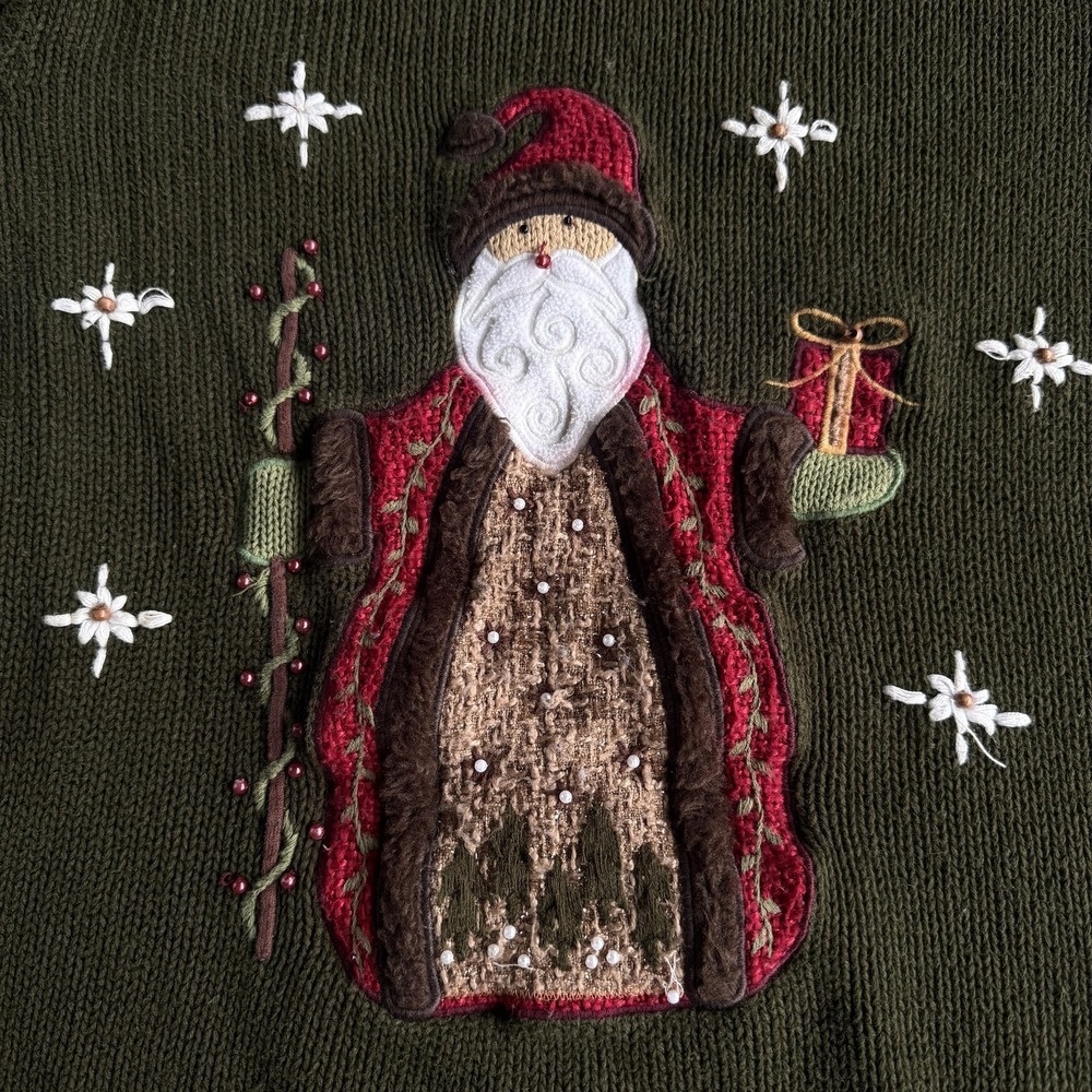 Mandal Bay Sweater Womens XXL Green Santa Claus Mock Neck Ugly Christmas Beaded - Picture 3 of 9